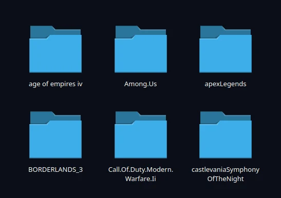 A games folder holding one folder per game, including Among Us, Apex Legends and Borderlands 3