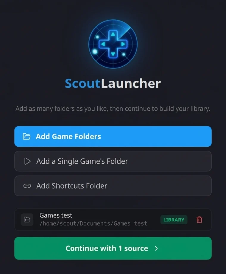 ScoutLauncher setup screen for adding game folders